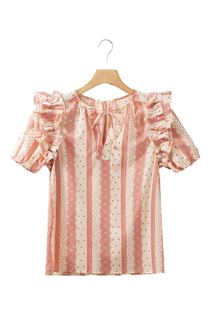 Dotted Print Frilled Puff Sleeve V-Neck Blouse