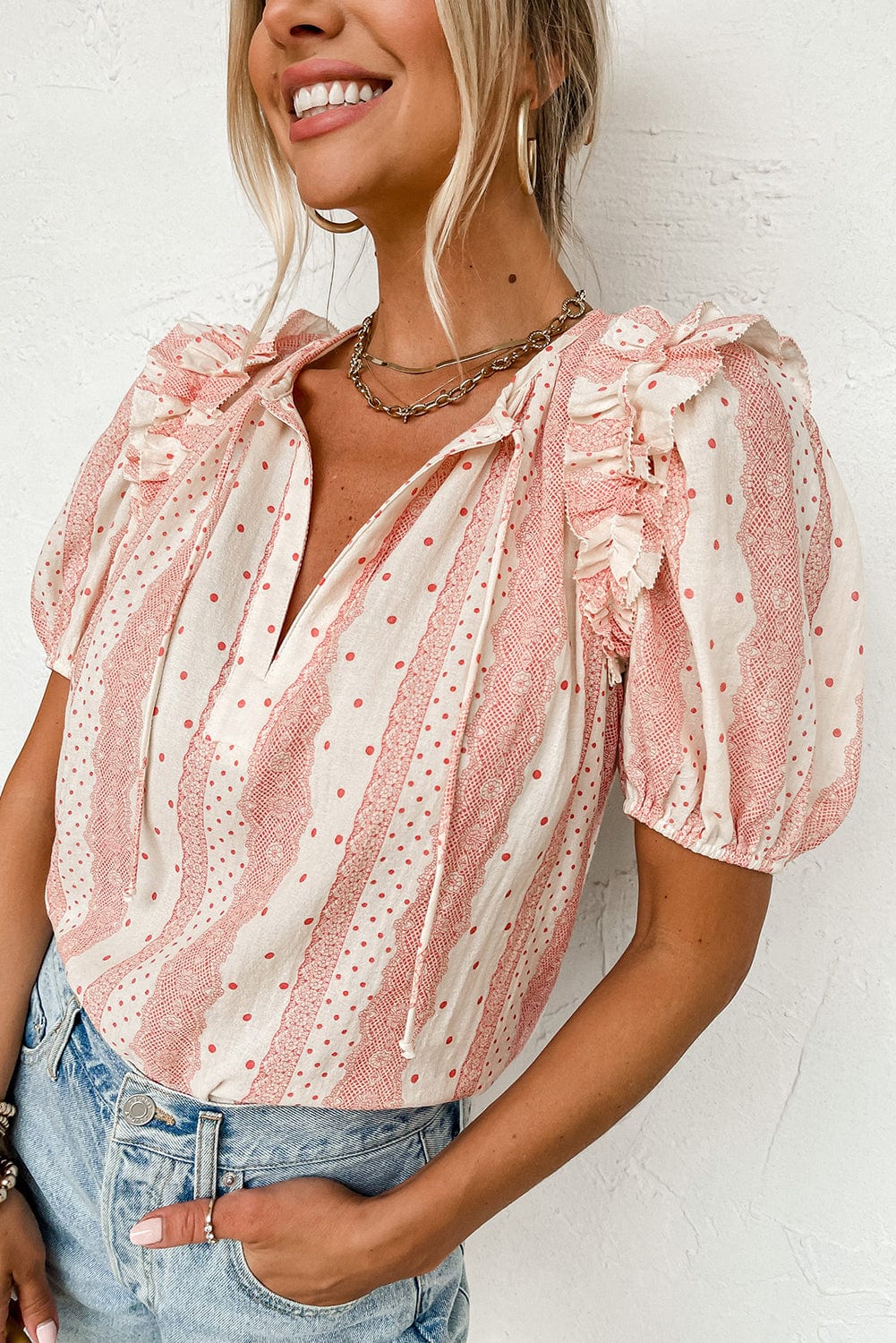 Dotted Print Frilled Puff Sleeve V-Neck Blouse