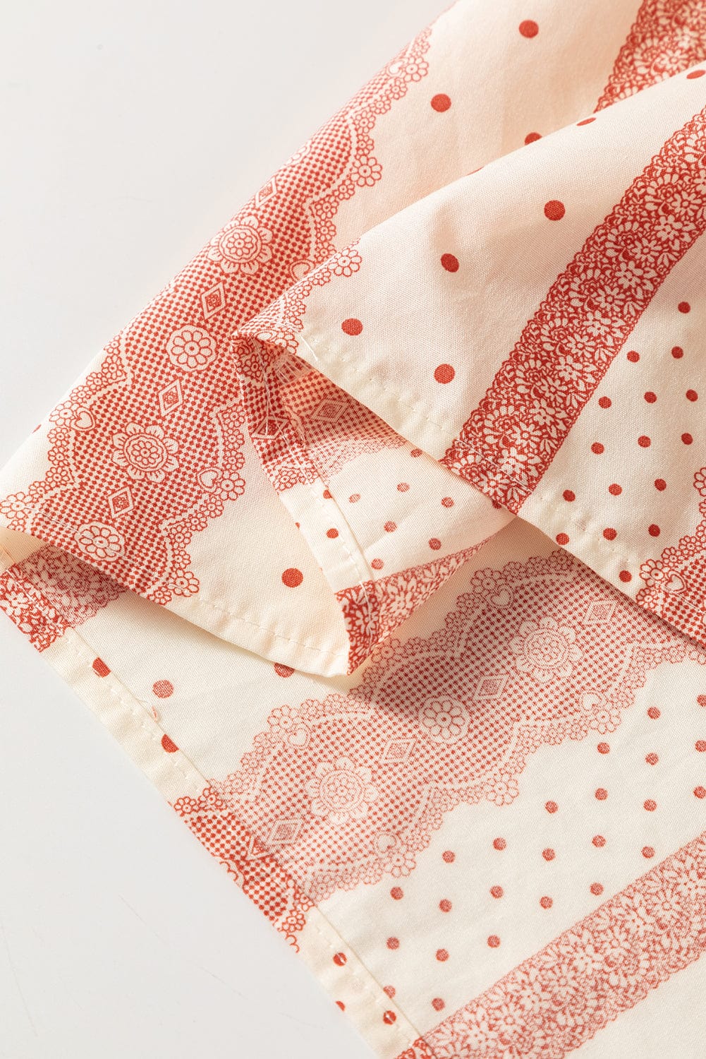 Dotted Print Frilled Puff Sleeve V-Neck Blouse