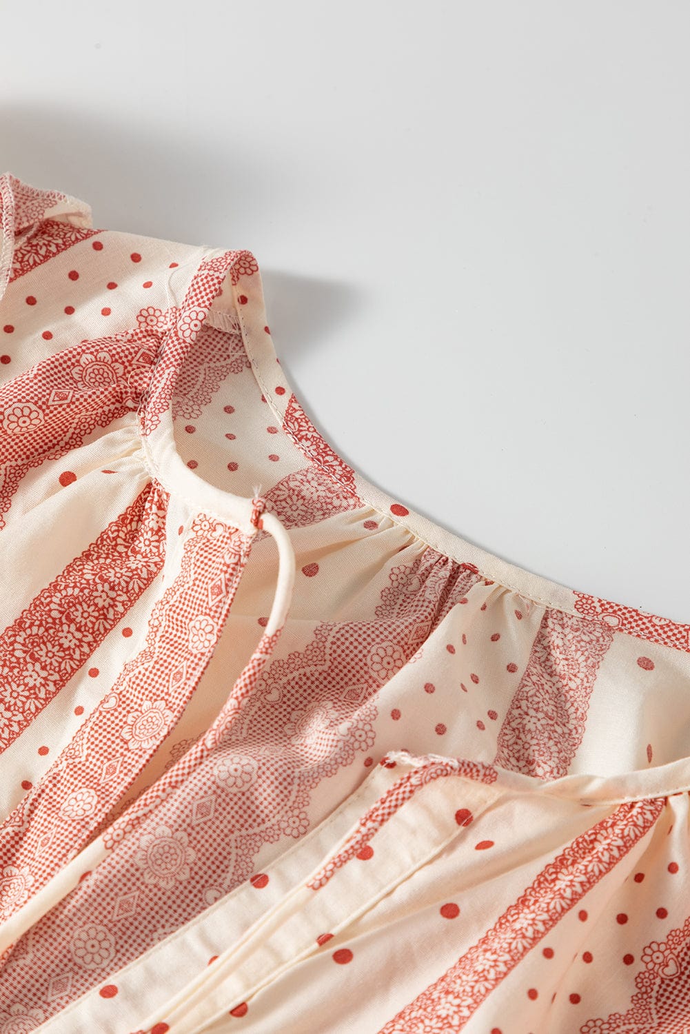 Dotted Print Frilled Puff Sleeve V-Neck Blouse