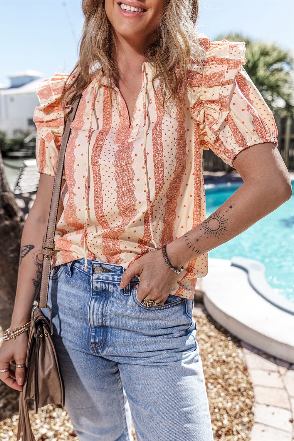 Dotted Print Frilled Puff Sleeve V-Neck Blouse