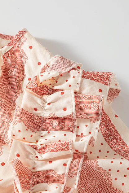 Dotted Print Frilled Puff Sleeve V-Neck Blouse