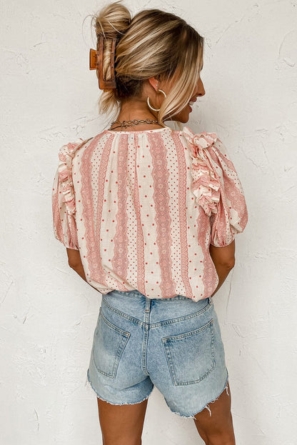 Dotted Print Frilled Puff Sleeve V-Neck Blouse