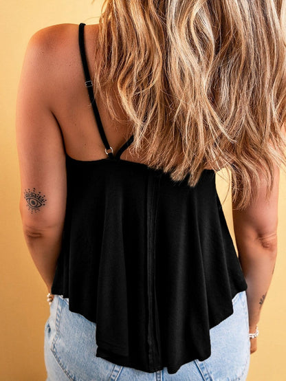 Double Straps V-Neck Black Tank Top with Exposed Seam Detail