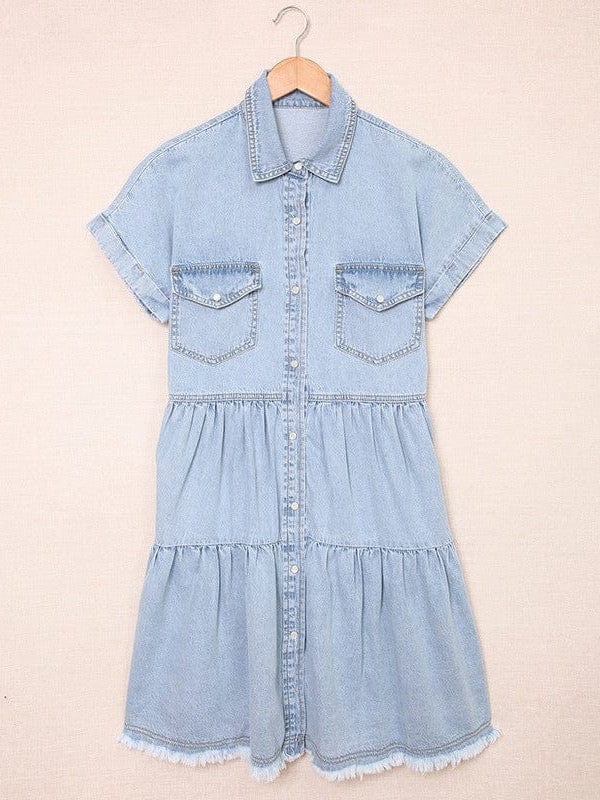 Down Loose Short Sleeve Denim Jean Dress - Drop Shoulder A-Line Paneled Peasant Closed Bateau V-Neck Dress