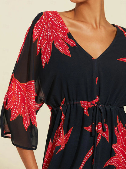 Chiffon Leaf Flower Print V Neck Maxi Dress