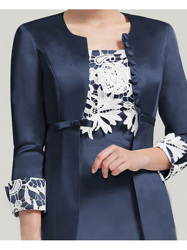 Women's Dress - Dress Set Two Piece Dress Sheath Dress Midi Dress Navy Blue 3/4 Length Sleeve Floral Layered Winter Fall Spring Crew Neck Modern Winter Dress Wedding Guest Fall Dress 2023 S M L XL 2XL 3XL