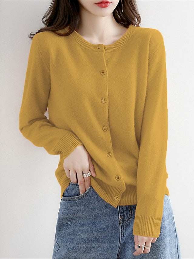 Women's Cardigan Sweater Jumper Ribbed Knit Button Solid Color Crew Neck Stylish Casual Outdoor Daily Autumn Winter Wine Red Big red S M L