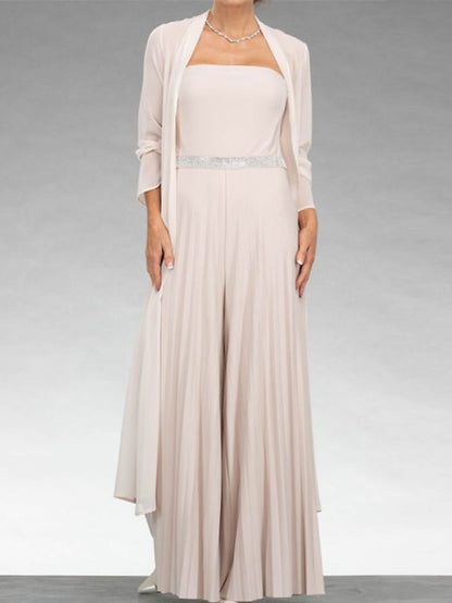 Jumpsuits Mother of the Bride Dress Elegant Sweetheart Floor Length Chiffon 3/4 Length Sleeve Wrap Included Jacket Dresses with Sash / Ribbon Pleats 2023 - LuckyFash™