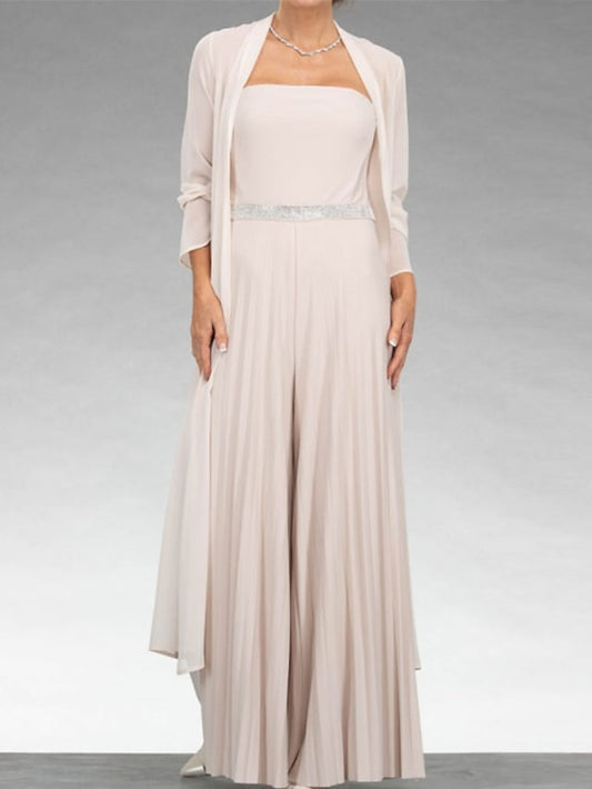 Jumpsuits Mother of the Bride Dress Elegant Sweetheart Floor Length Chiffon 3/4 Length Sleeve Wrap Included Jacket Dresses with Sash / Ribbon Pleats 2023 - LuckyFash™