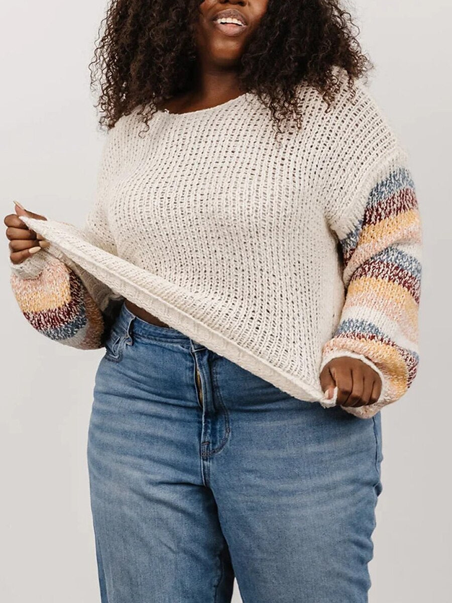 Women's Plus Size Pullover Sweater Jumper Crew Neck Ribbed Knit Polyester Patchwork Fall Winter Regular Outdoor Going out Weekend Stylish Plus Size Casual Long Sleeve Striped White XS S M