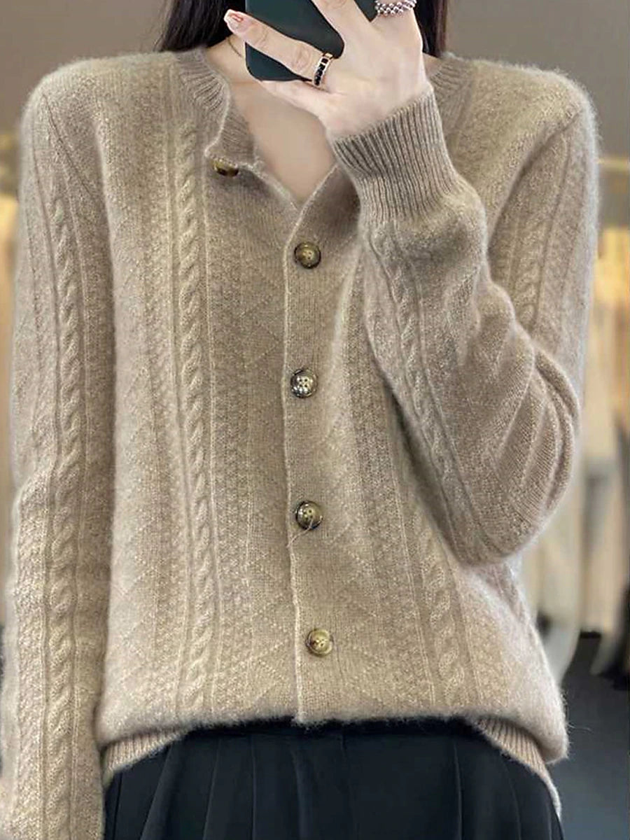 Women's Cardigan Stand Collar Ribbed Knit Polyester Button Knitted Fall Winter Regular Outdoor Daily Going out Stylish Casual Soft Long Sleeve Solid Color Wine Camel Purple One-Size