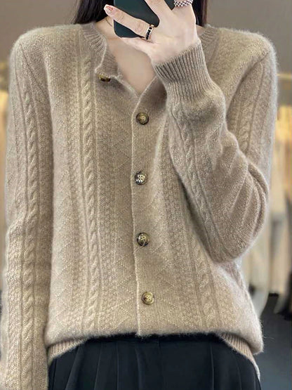 Women's Cardigan Stand Collar Ribbed Knit Polyester Button Knitted Fall Winter Regular Outdoor Daily Going out Stylish Casual Soft Long Sleeve Solid Color Wine Camel Purple One-Size