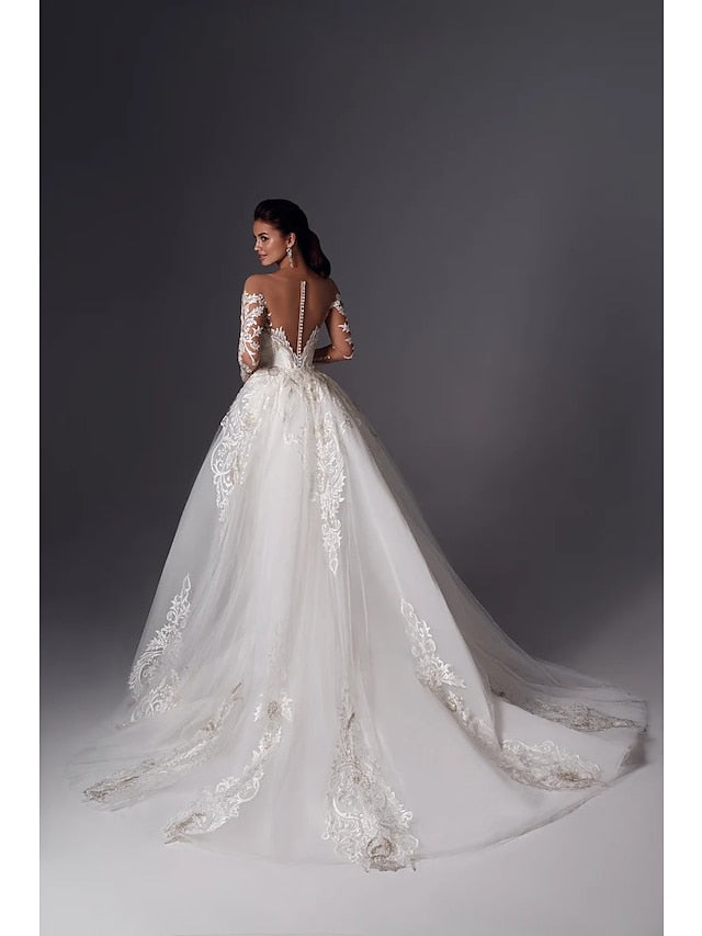 Engagement Formal Wedding Dresses Mermaid / Trumpet Off Shoulder Long Sleeve Court Train Satin Bridal Gowns With Appliques Solid Color 2023 Summer Wedding Party, Women's Clothing - LuckyFash™