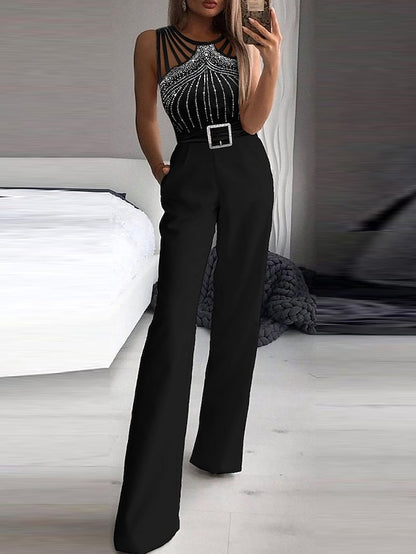 Women's Jumpsuit Pocket Beaded Polka Dot Crew Neck Elegant Party Going out Regular Fit Sleeveless Black S M L Spring - LuckyFash™