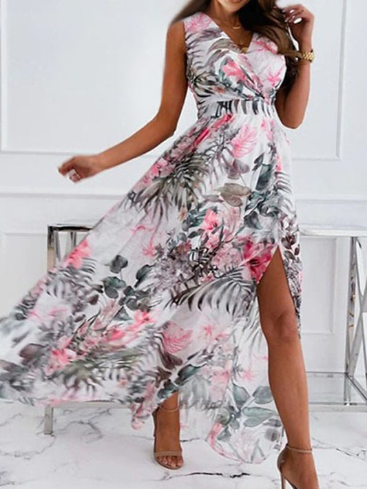 Women's Dress - Swing Dress Long Dress Maxi Dress Pink White Sleeveless Floral Split Spring Summer V Neck Weekend 2023 S M L XL XXL