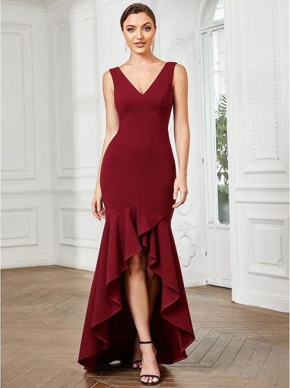 Dramatic Deep V-Neck Fishtail Evening Gowns with Asymmetrical Hem