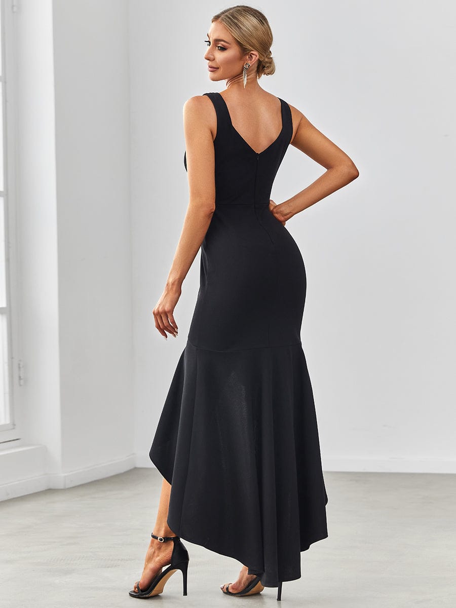 Dramatic Deep V-Neck Fishtail Evening Gowns with Asymmetrical Hem