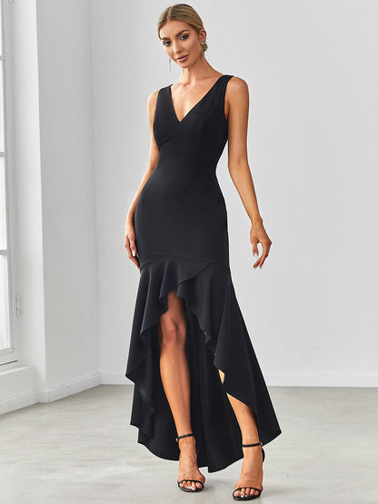 Dramatic Deep V-Neck Fishtail Evening Gowns with Asymmetrical Hem