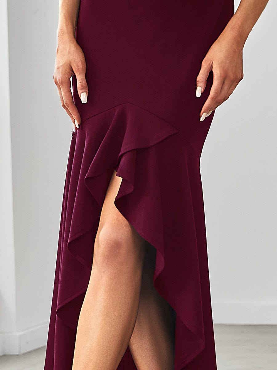 Dramatic Deep V-Neck Fishtail Evening Gowns with Asymmetrical Hem