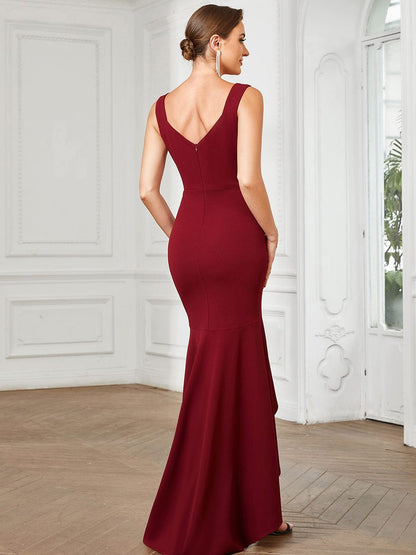 Dramatic Deep V-Neck Fishtail Evening Gowns with Asymmetrical Hem