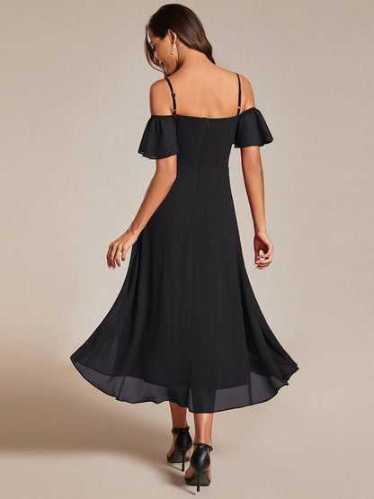Dreamy Chiffon Cold Shoulder Wedding Guest Midi Dress