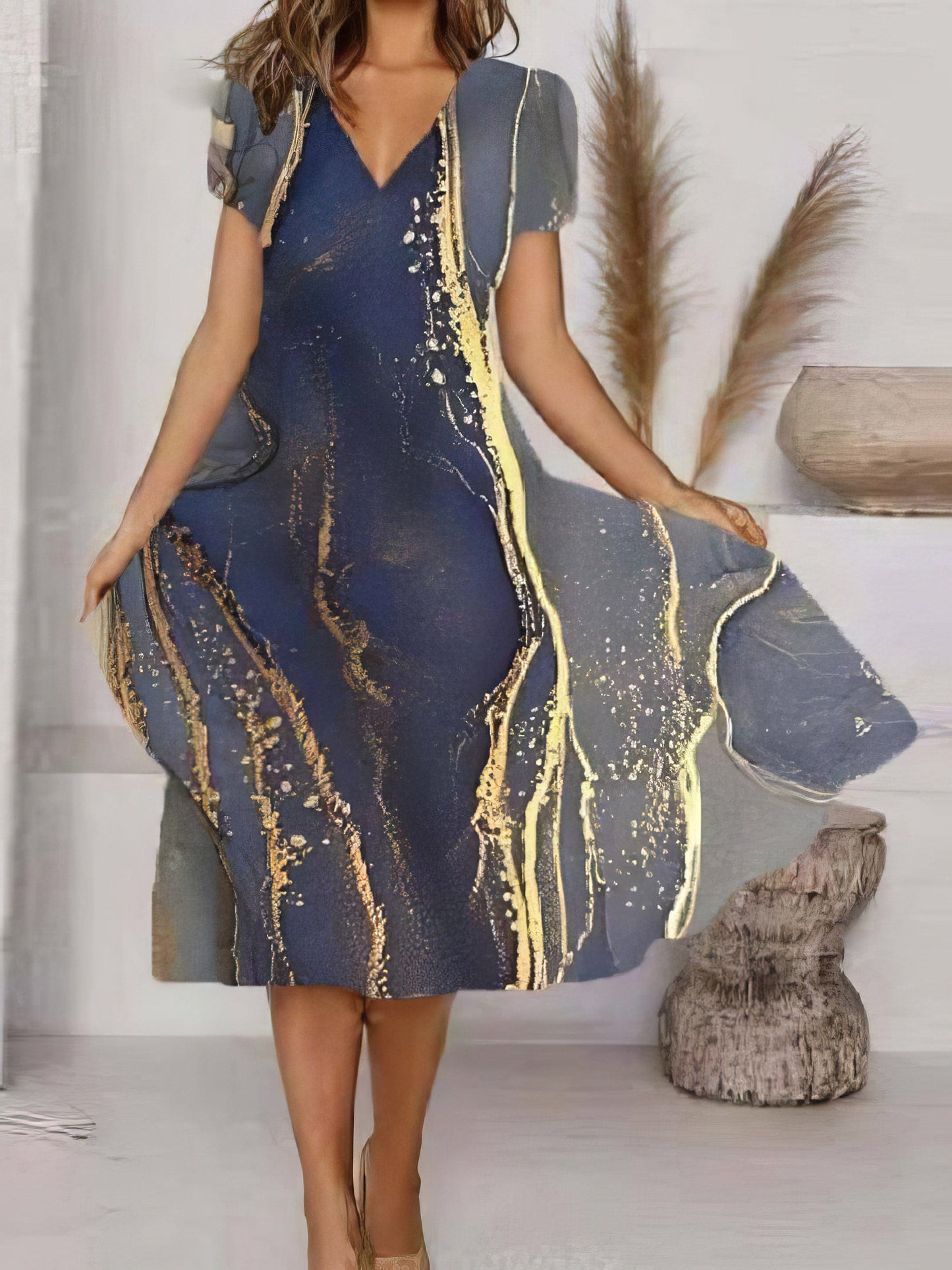 Dreamy V-Neck Art Print Dress with Short Sleeves