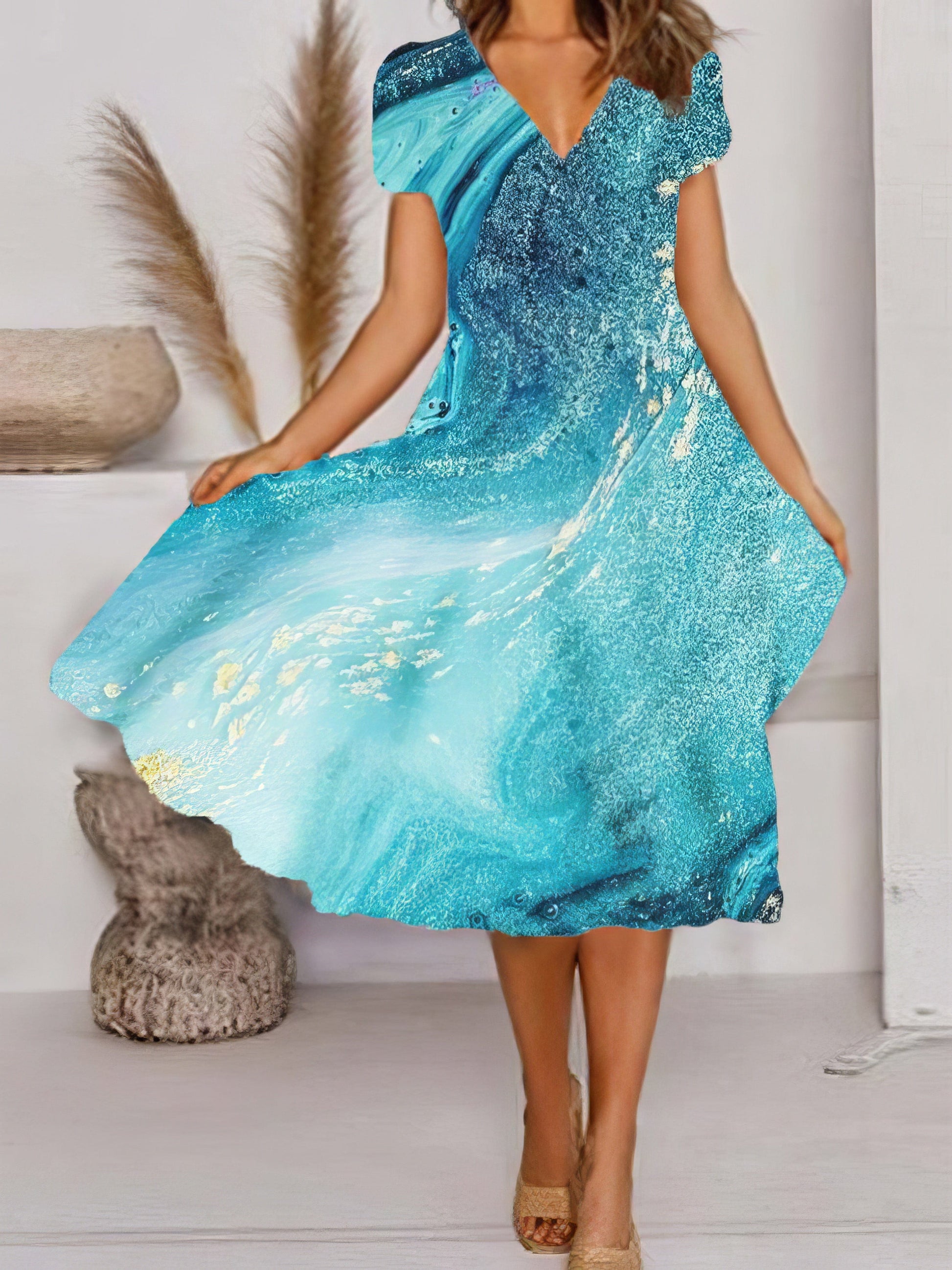 Dreamy V-Neck Art Print Dress with Short Sleeves