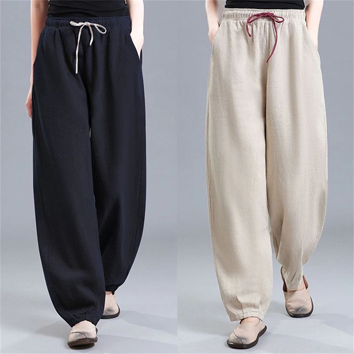 Women's Pants Trousers Linen Cotton Blend Plain Black White Vacation High Waist Full Length Outdoor Street Fall Winter