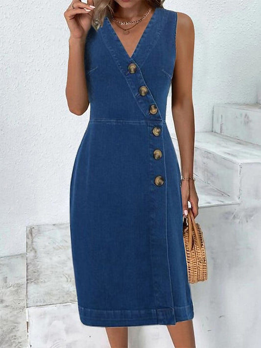Women's Dress - Denim Dress Work Dress Bodycon Midi Dress Denim Fashion Modern Outdoor Office Daily V Neck Button Sleeveless Summer Spring 2023 Loose Fit Black Blue Plain S M L XL 2XL