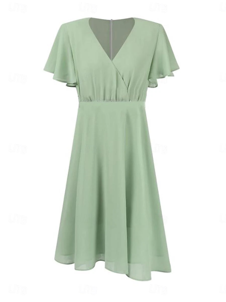 Women's Bridesmaid Dress Midi Dress Chiffon Split Thigh Wedding Party Date Elegant V Neck Short Sleeve Green Color