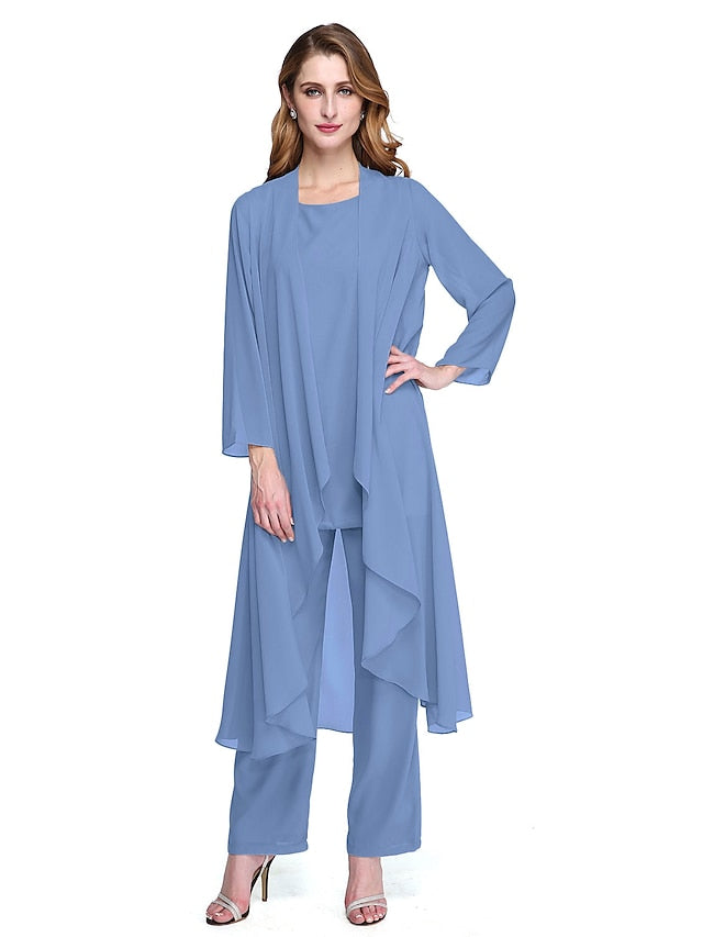 Jumpsuit / Pantsuit Mother of the Bride Dress Plus Size Elegant Bateau Neck Floor Length Chiffon Sleeveless yes with Solid Color 2023 - LuckyFash™