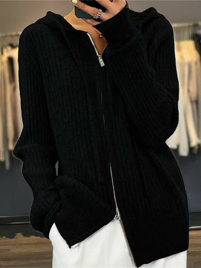Women's Cardigan Sweater Hooded Ribbed Knit Knit Zipper Fall Winter Regular Outdoor Daily Going out Stylish Casual Soft Long Sleeve Solid Color Black Camel Beige One-Size