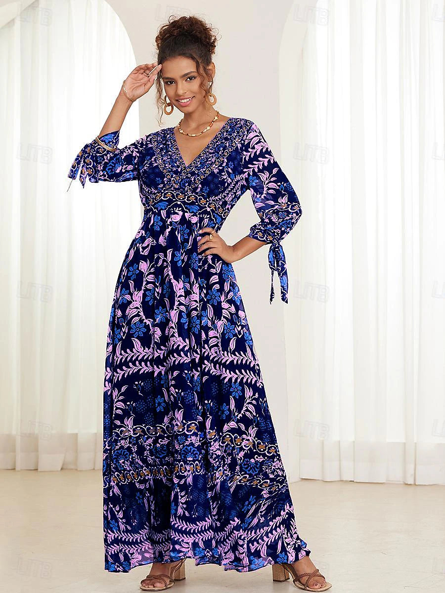 Women's Chiffon A Line Dress Floral Ruffle Bow V Neck Puff Sleeve Maxi Dress Boho Party Short Sleeve Summer