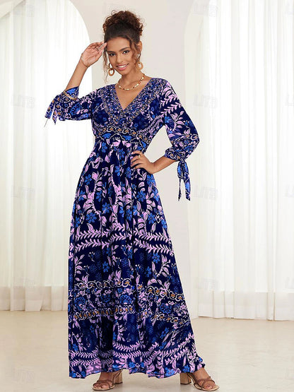 Women's Chiffon A Line Dress Floral Ruffle Bow V Neck Puff Sleeve Maxi Dress Boho Party Short Sleeve Summer