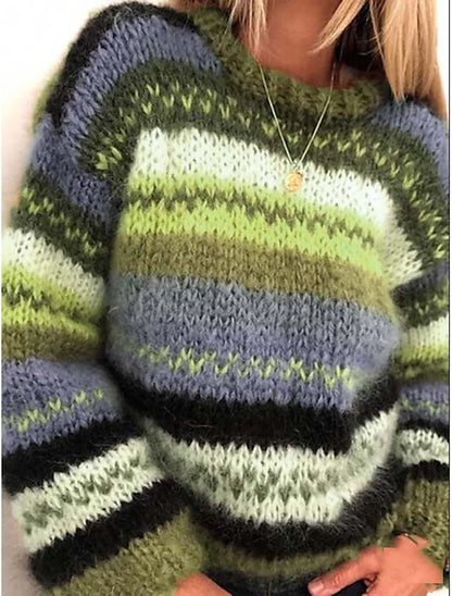 Women's Pullover Sweater Jumper Crew Neck Ribbed Knit Acrylic Knitted Fall Winter Outdoor Daily Holiday Stylish Casual Soft Long Sleeve Striped Pure Color Blue Purple Orange S M L