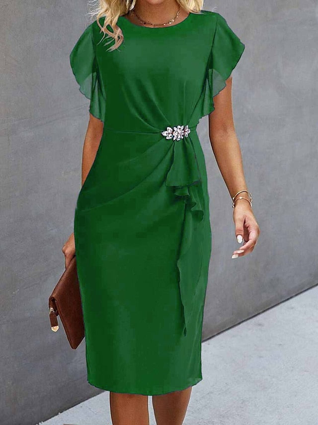 Women's Dress - Party Dress Cocktail Dress Wedding Guest Dress Midi Dress Blue Green Short Sleeve Pure Color Ruffle Summer Spring Fall Crew Neck Party Evening Party Wedding Guest Vacation S M L XL 2XL 3XL