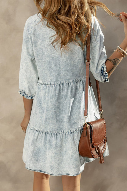 Dusk Blue Vintage Vibe Half Sleeve Denim Flare Mini Dress