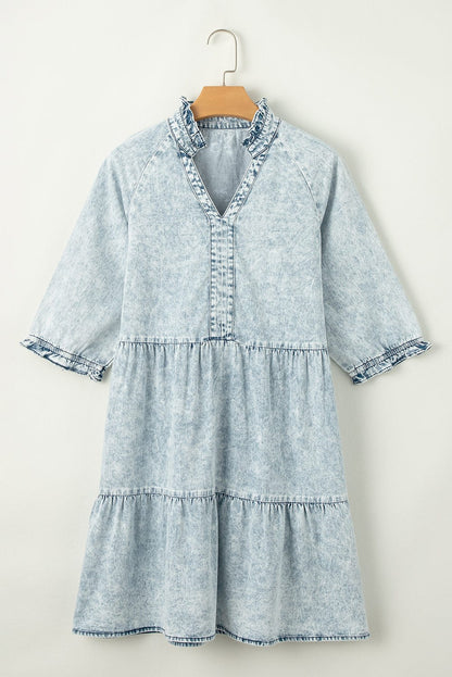 Dusk Blue Vintage Vibe Half Sleeve Denim Flare Mini Dress