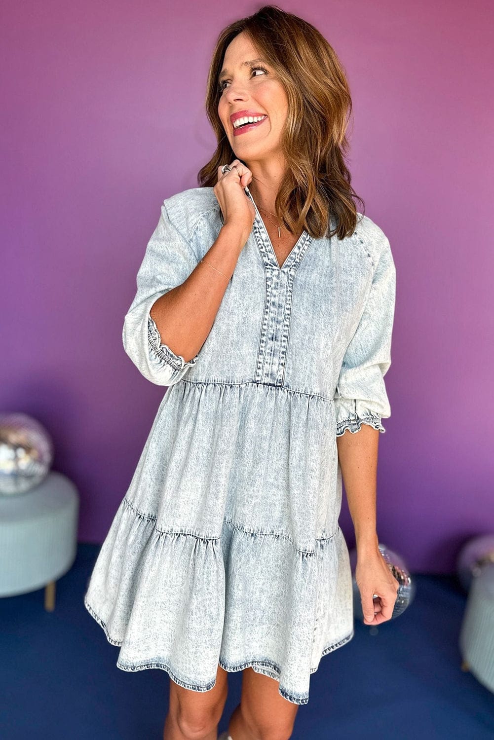 Dusk Blue Vintage Vibe Half Sleeve Denim Flare Mini Dress
