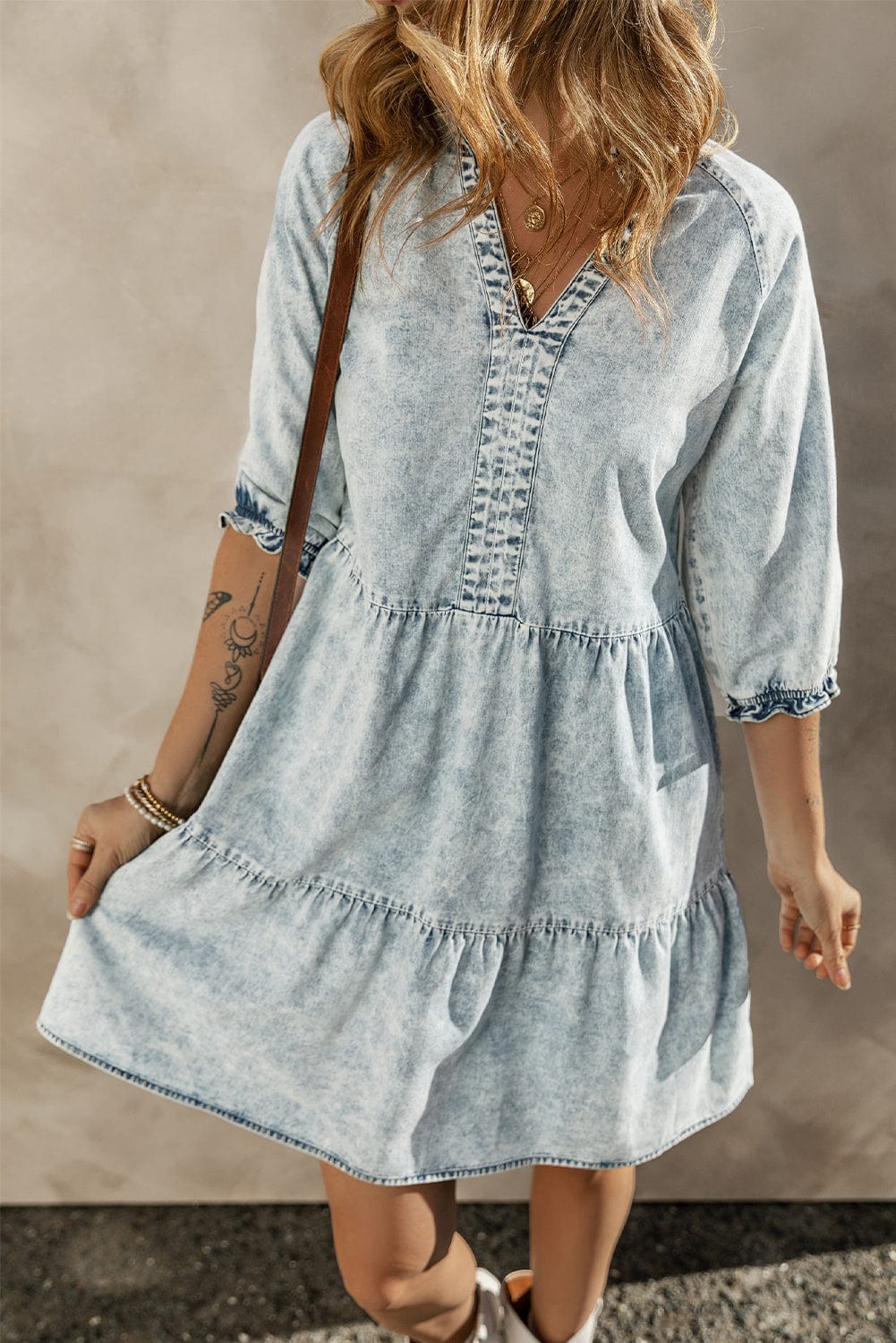 Dusk Blue Vintage Vibe Half Sleeve Denim Flare Mini Dress