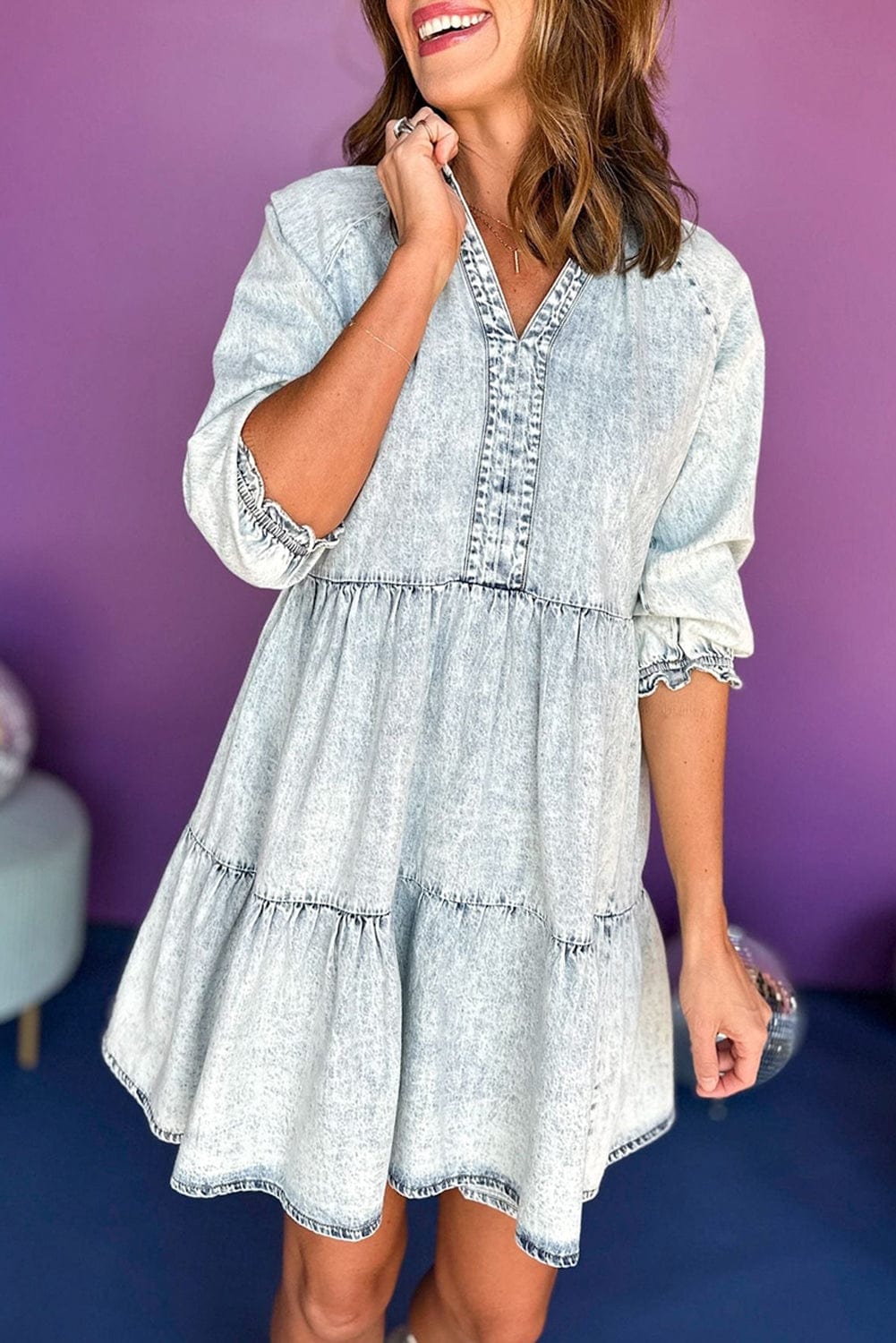 Dusk Blue Vintage Vibe Half Sleeve Denim Flare Mini Dress