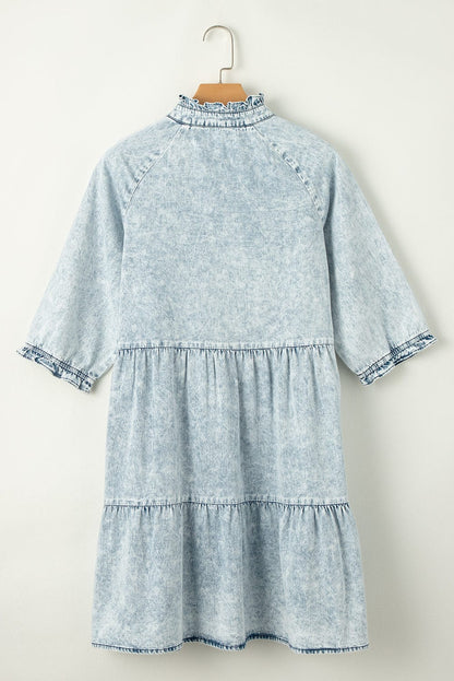 Dusk Blue Vintage Vibe Half Sleeve Denim Flare Mini Dress