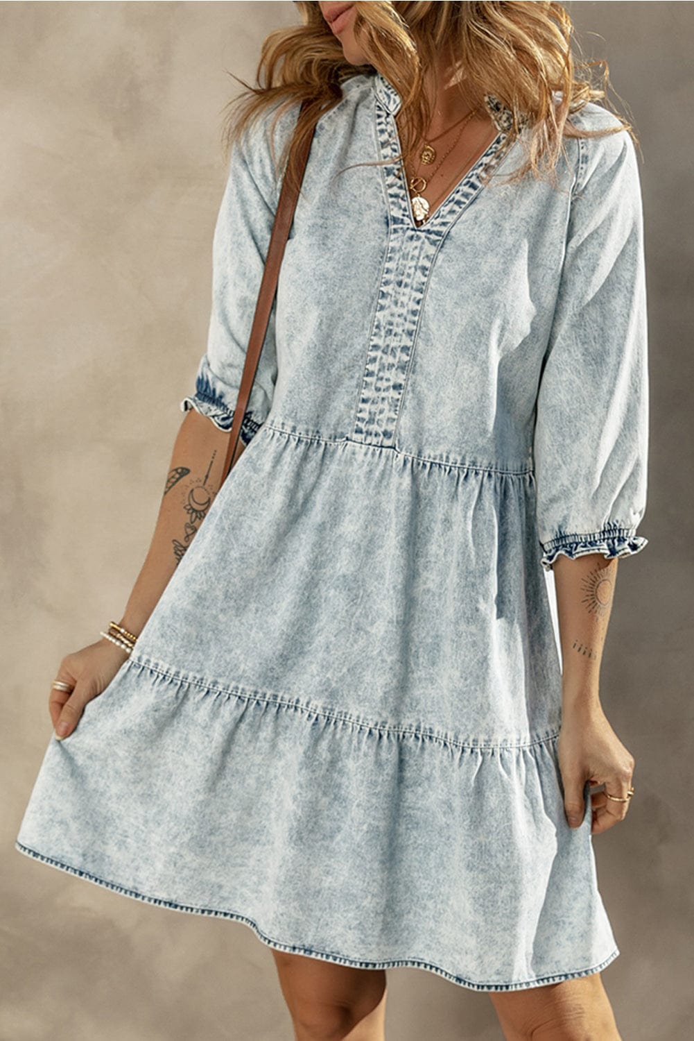 Dusk Blue Vintage Vibe Half Sleeve Denim Flare Mini Dress