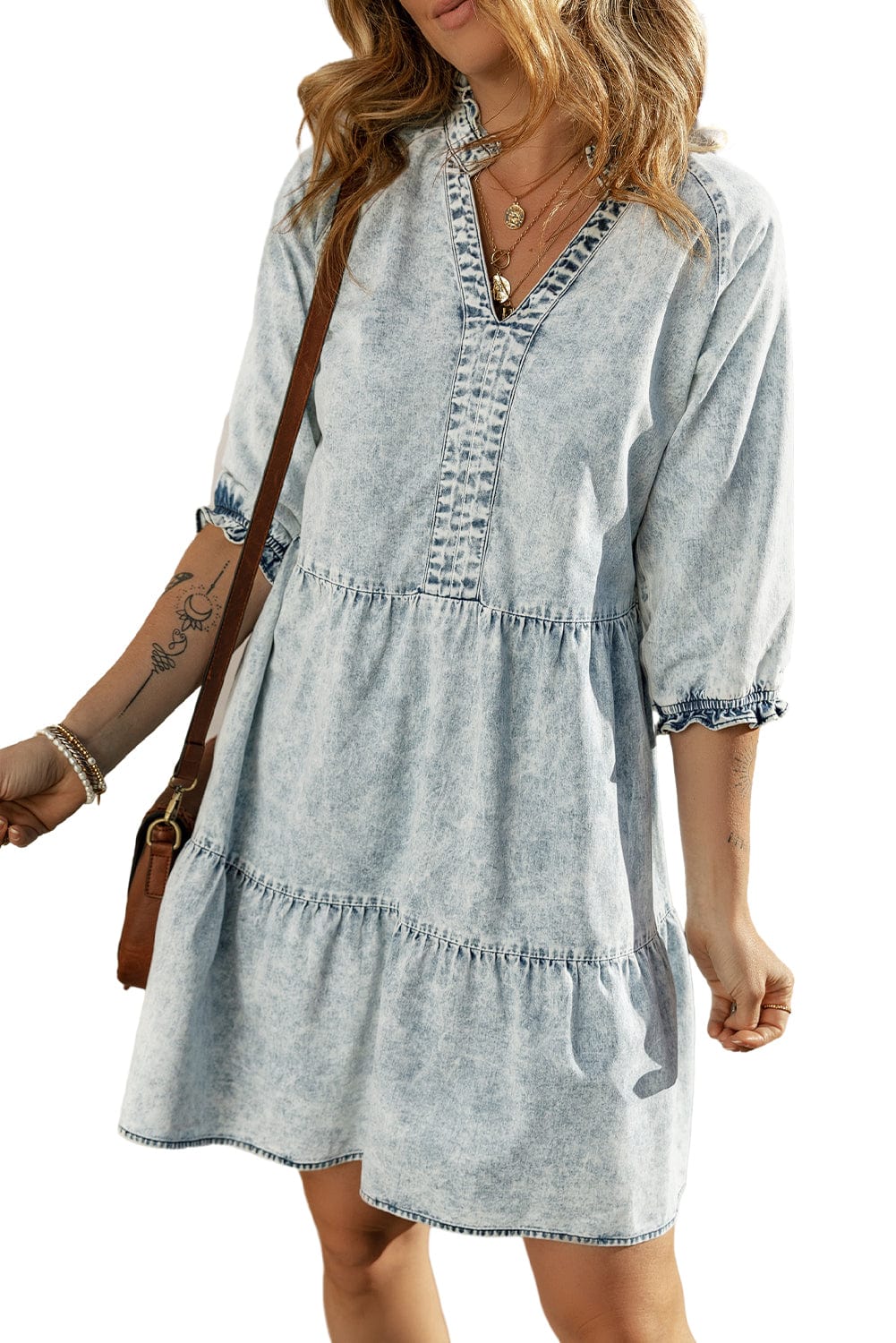 Dusk Blue Vintage Vibe Half Sleeve Denim Flare Mini Dress