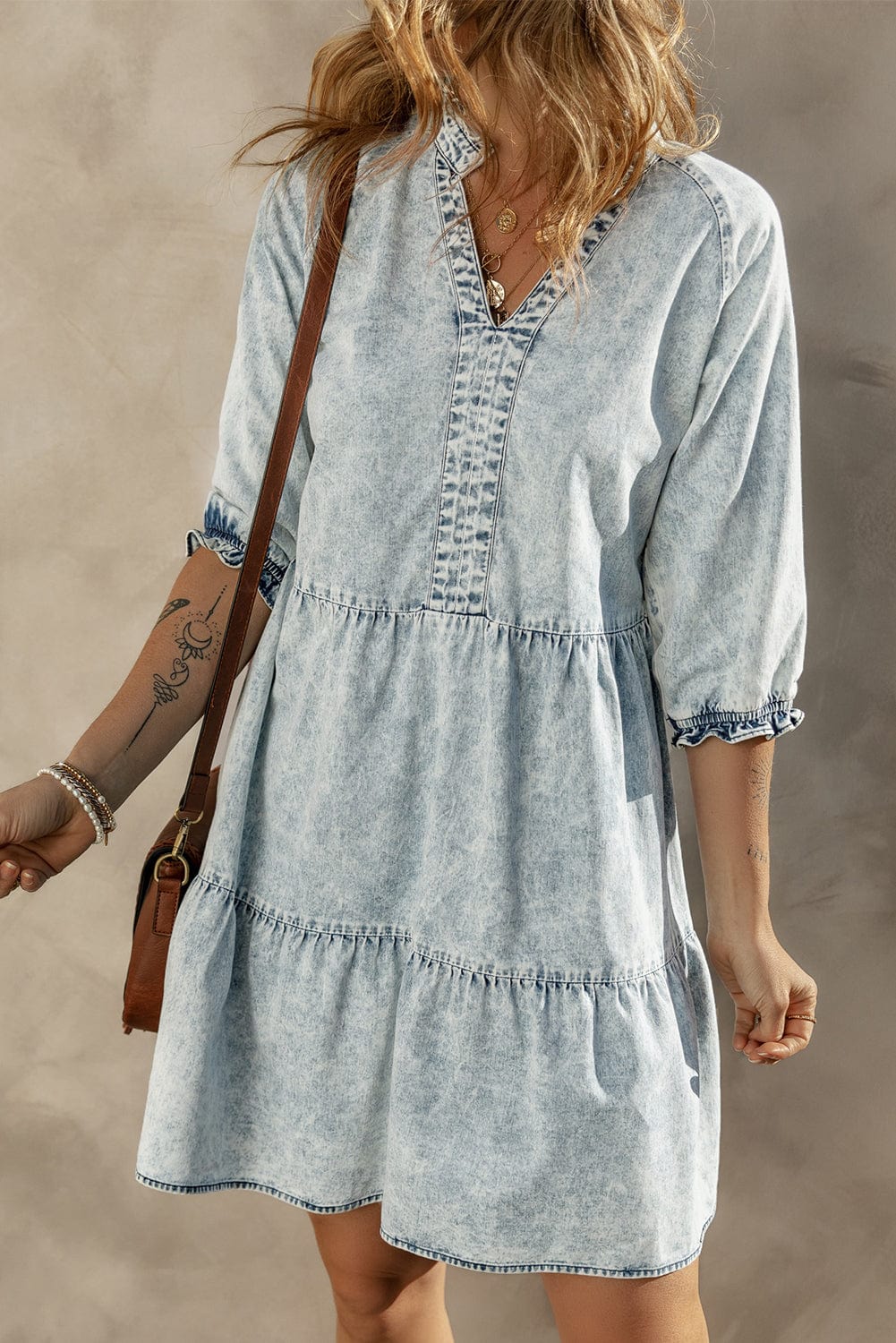 Dusk Blue Vintage Vibe Half Sleeve Denim Flare Mini Dress