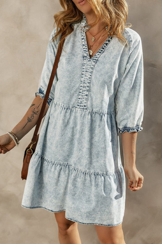 Dusk Blue Vintage Vibe Half Sleeve Denim Flare Mini Dress