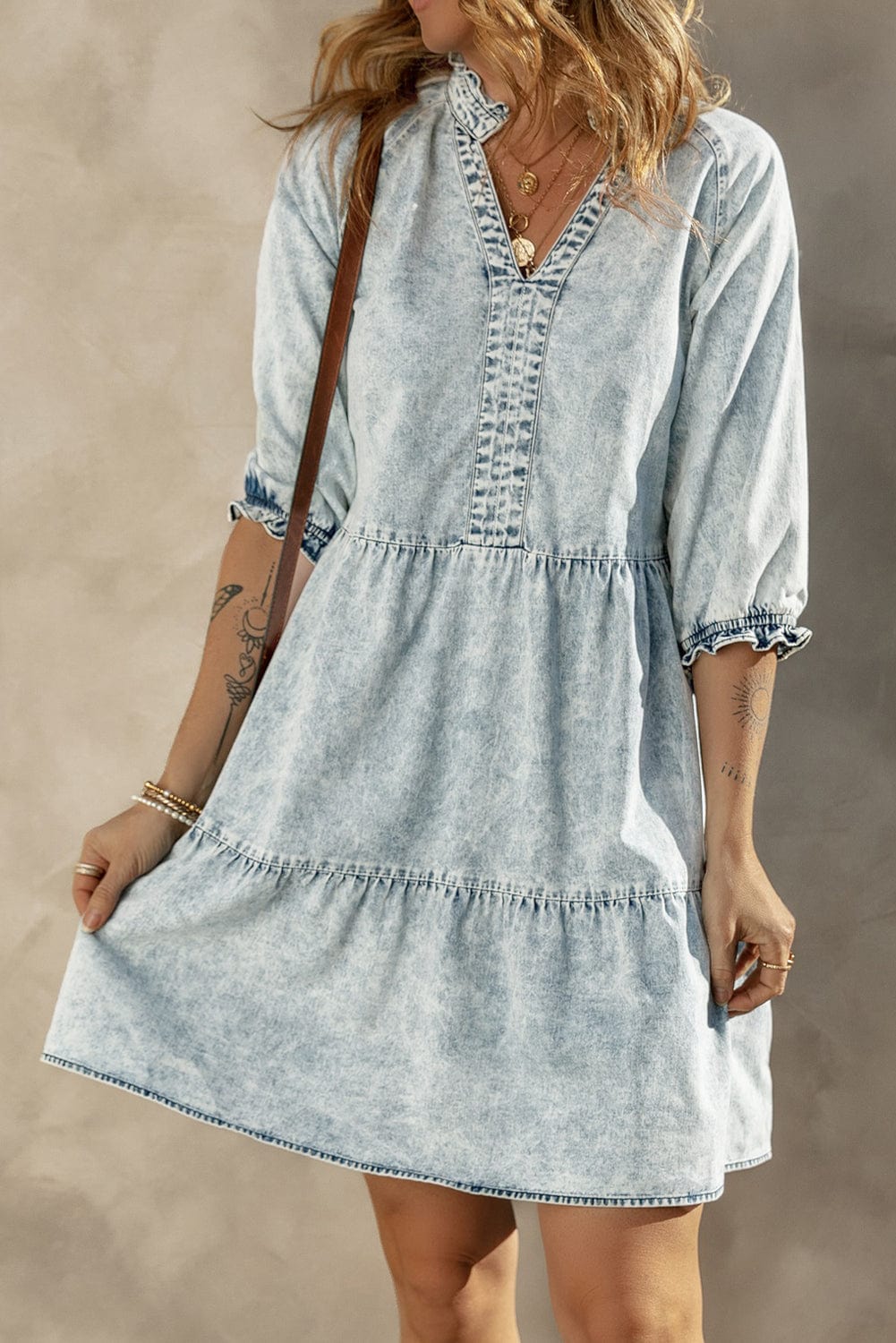 Dusk Blue Vintage Vibe Half Sleeve Denim Flare Mini Dress