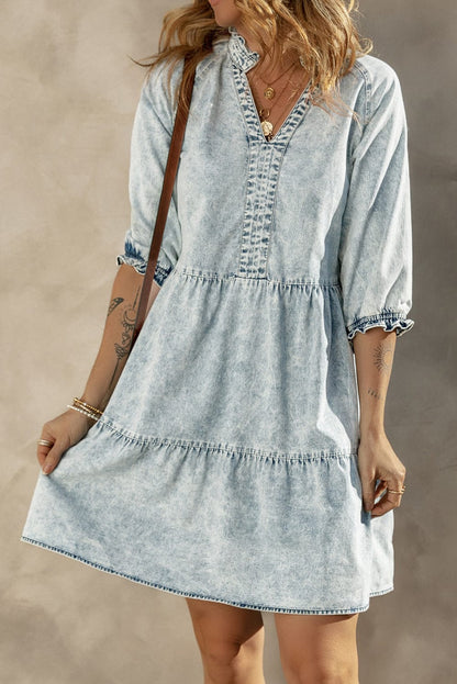 Dusk Blue Vintage Vibe Half Sleeve Denim Flare Mini Dress