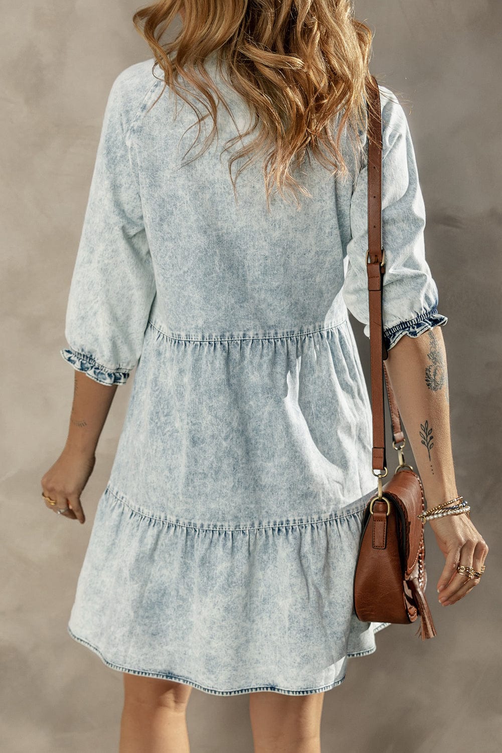 Dusk Blue Vintage Vibe Half Sleeve Denim Flare Mini Dress